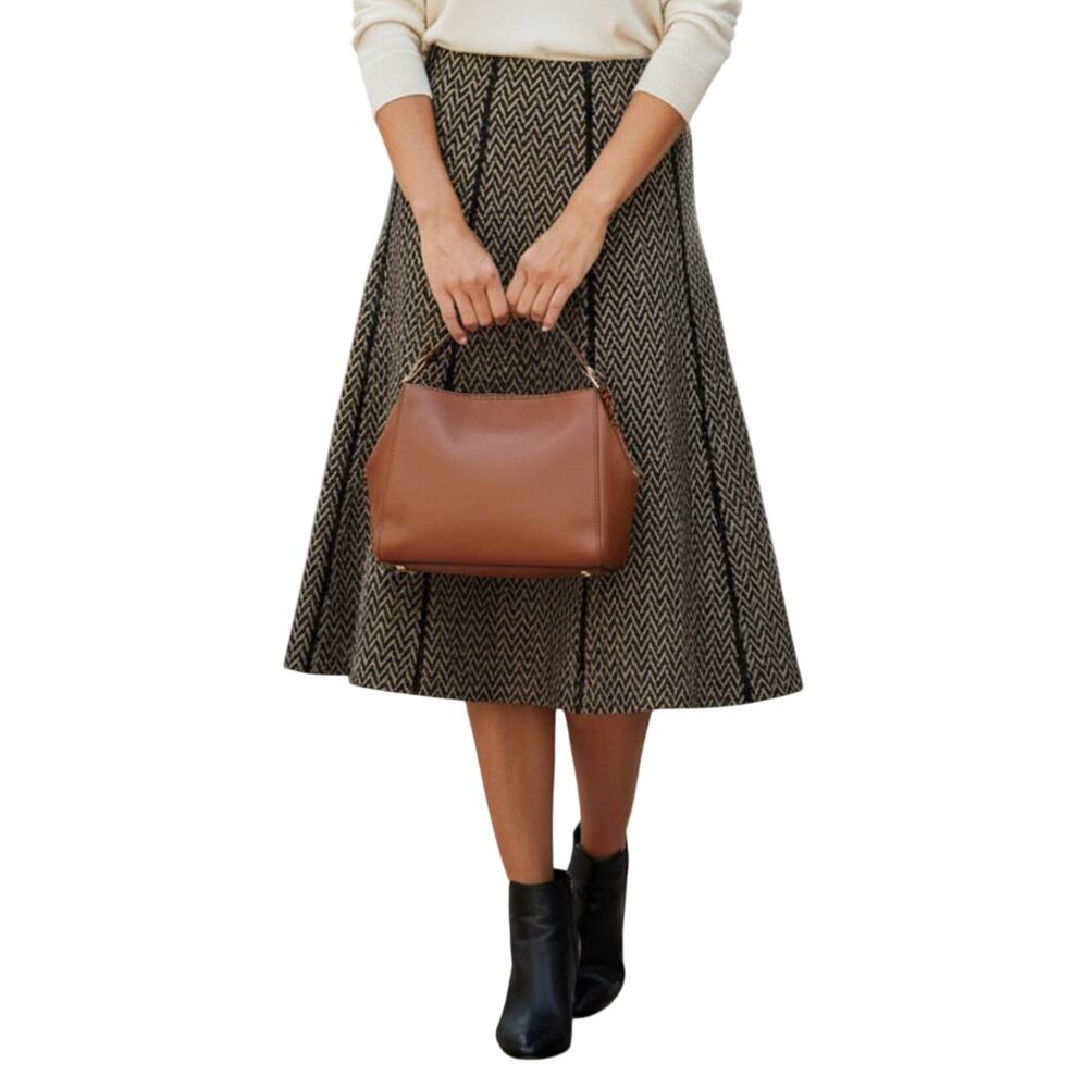 Milano Sz L A-Line Midi Skirt 26"L Flat Knit Black Tan Herringbone Neutral New